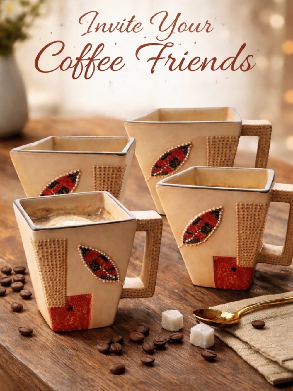 NEW  Square Coffee Mugs - Beige with Red Accent (Set of 4)  Coffee cup Tea